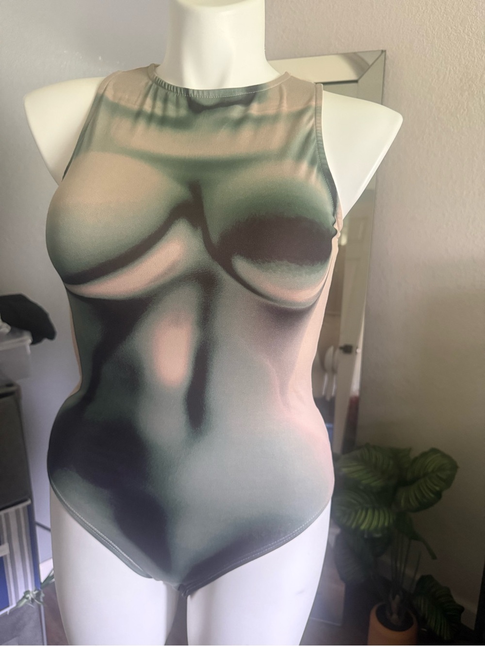 Fashion Nova Sheer Sculpted-Print High Neck Bodysuit - Green & Pink